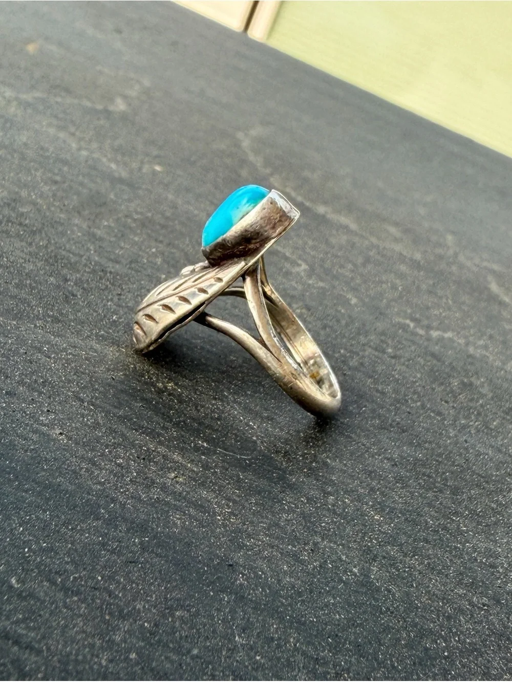 Vintage Turquoise Leaf Ring - Blue and Silver